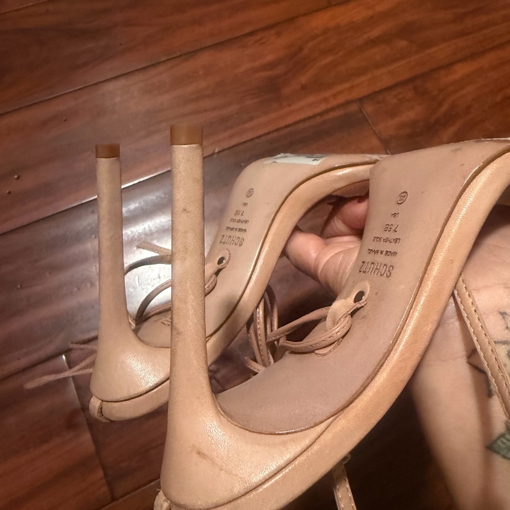 SCHUTZ Tan Lace-Up Stiletto Sandals with Wrap Ankle Ties - Picture 12 of 15